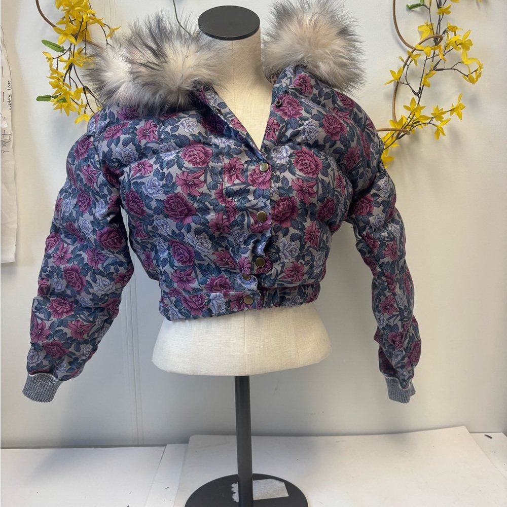 Floral Puffer Jacket with Faux Fur Hood
